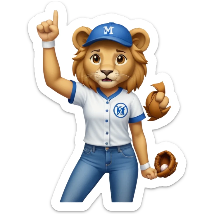 confident anthropomorphised female lion wearing baseball shirt, jeans, trainers, raising a fist in the air, angry expression, no sunglasses sticker