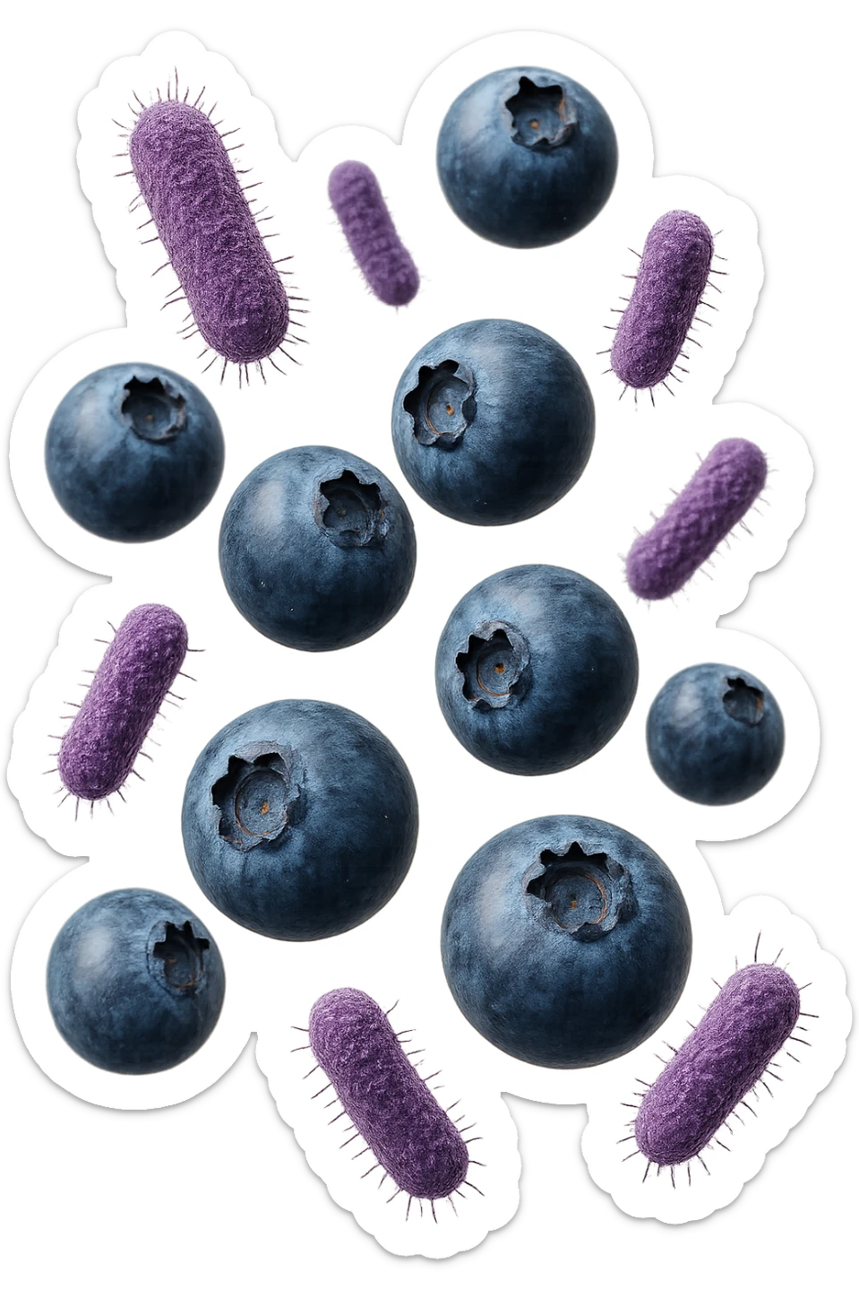 mirtilli fluttuano in aria insieme a 6 batteri intestinali viola, iperrealistico 4k sticker