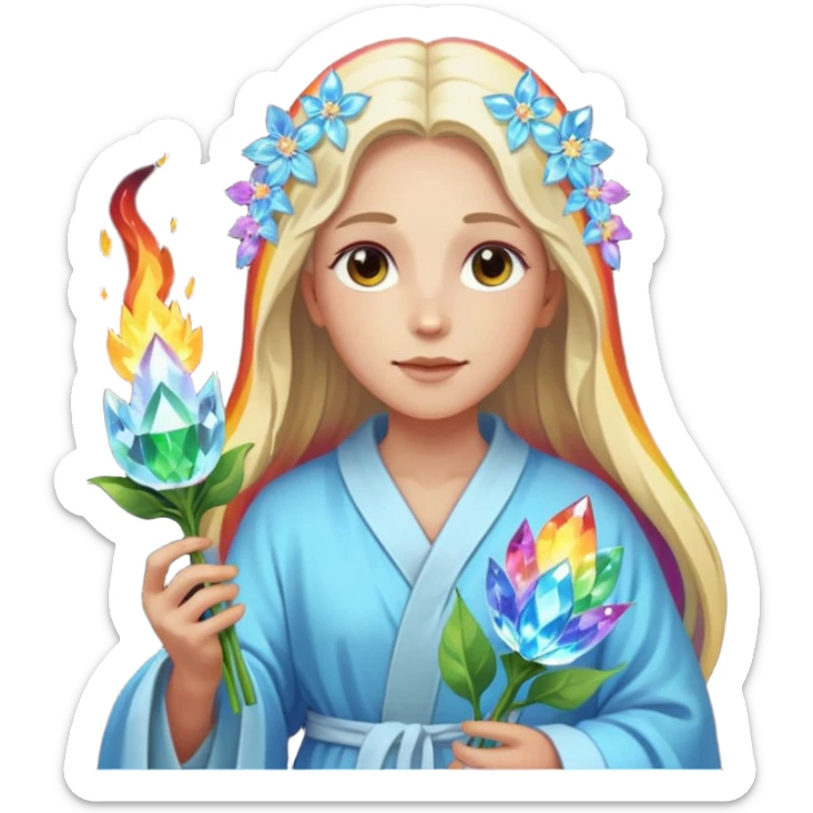 a being made of light pleidian nordic long faces but beautiful features of light with a robe on made of light and who is lanky holding a bouquet of crystal flowers on rainbow fire sticker