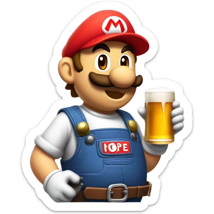 Mario plumber drinking beer with a shirt with the letters “HOPE” with a pipe wrench logo sticker