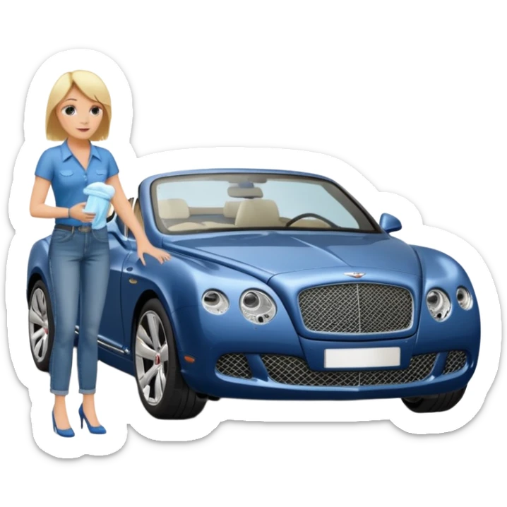 A heavy set middle aged blond lady in blue jeans washing a black Bentley car. show the full car and the lady next to it. show the face smaller and the person standing beside it...use the  sticker