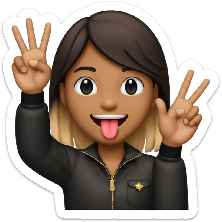 Black emoji sticking out tongue and holding up rockstar hands sticker
