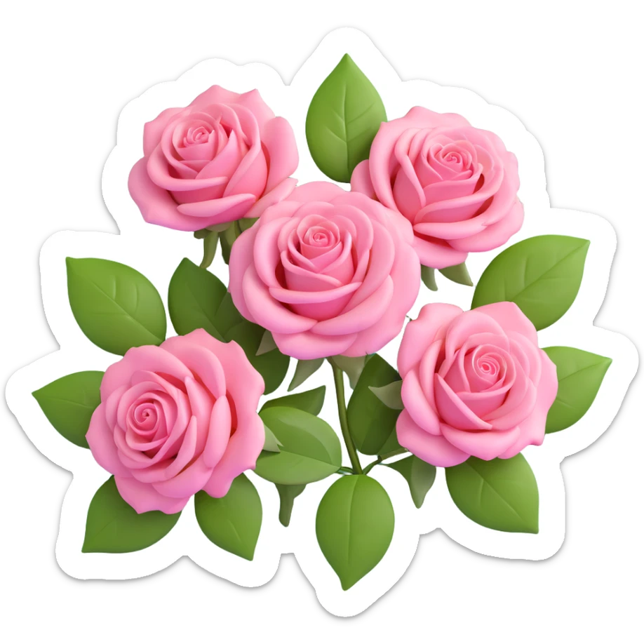 romantic arrangement of three pink roses with leaves, glossy, modern and fresh, soft round background sticker