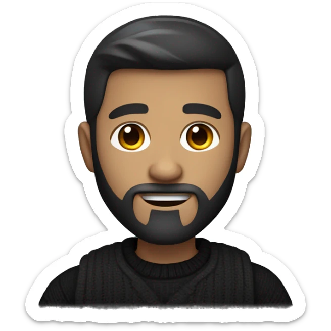     memoji of a man with beard and a laptop in front, apple-style,modern,dark hair,black sweater,computer in hand,white skin, an avatar image gonna be round  sticker