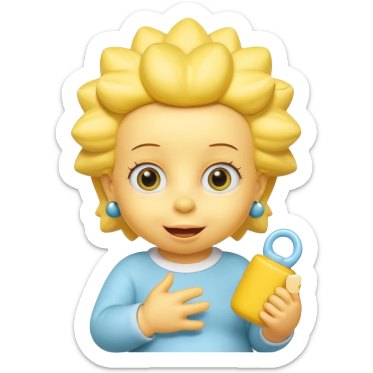 A 3D cartoon baby character fully yellow skin, styled like Maggie Simpson, with pacifier, big eyes, smooth shading, Memoji-style rendering, consistent with other yellow Simpsons characters. sticker