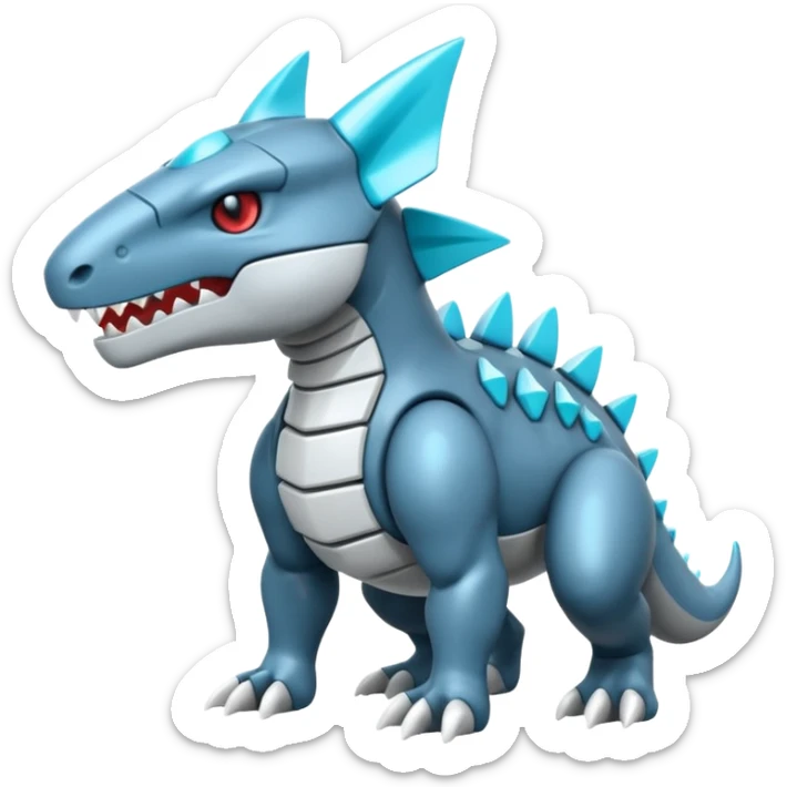 Futuristic soft smooth glossy metallic white and cyan Tyrunt-Aggron-Axew-fusion sticker