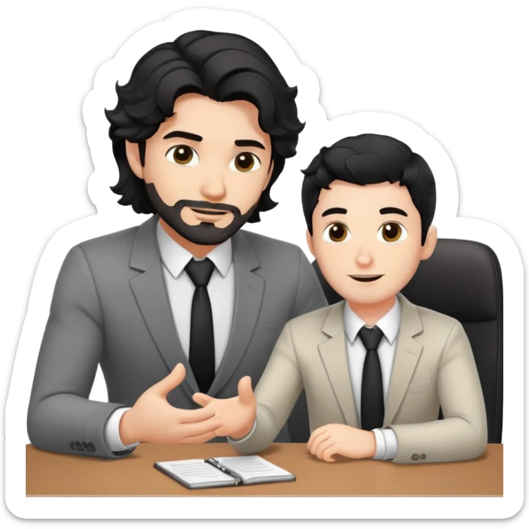 Professional 35-year-old man with black wavy hair, stubble, strong jawline, white skin tone, wearing smart casual business attire, sitting across from a young professional, providing one-on-one mentorship, gesturing with supportive and guiding expression sticker