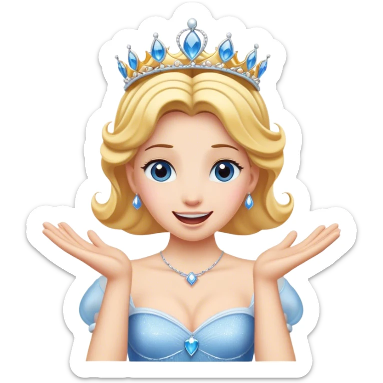 Cinematic Playful Cinderella Portrait Emoji, Blushing with excitement, hands clasped near her heart, eyes wide with anticipation, her tiara slightly askew from an unexpected twirl, a radiant princess caught in a moment of joy, utterly captivating! sticker