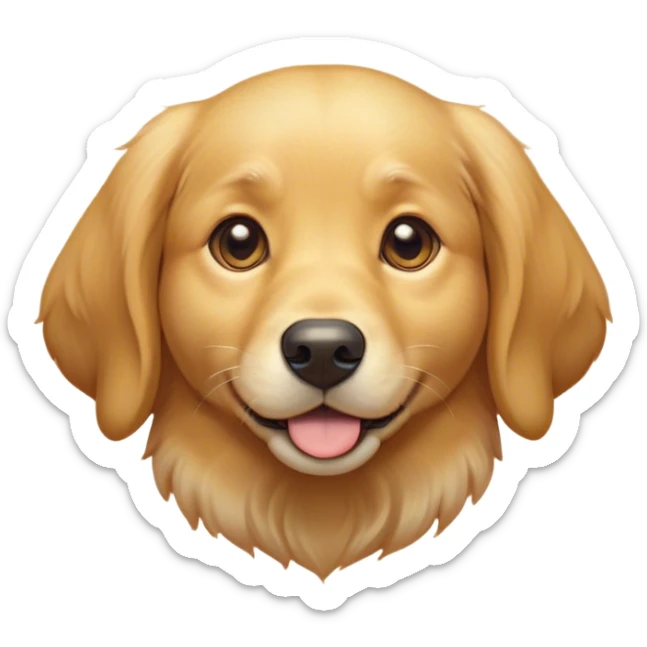 Cinematic Cute Golden Retriever Portrait Emoji, Head tilted playfully and inquisitively, showcasing a rich, glossy golden coat with a healthy sheen, round, sparkling brown eyes filled with curiosity, Simplified yet irresistibly adorable features, highly detailed, glowing with a warm, friendly glow, high shine, affectionate and lively, stylized with a touch of whimsy, bright and endearing, soft glowing outline, capturing the essence of a mischievous yet loving companion, so playful it feels like it could leap out of the screen and into your arms! sticker