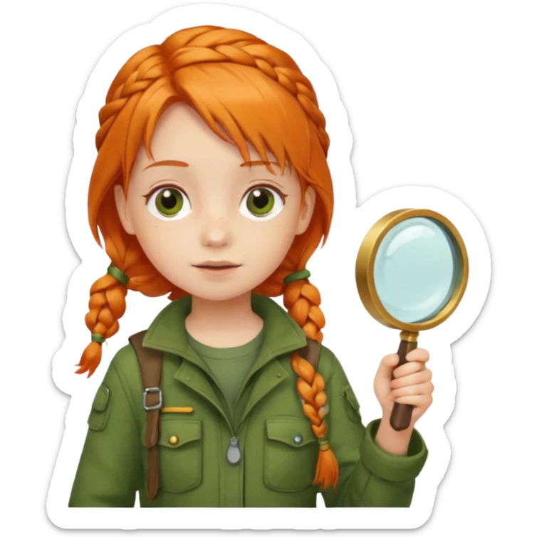 braid orange haired girl kid in moss green explorer outfit, holding magnifying glass sticker