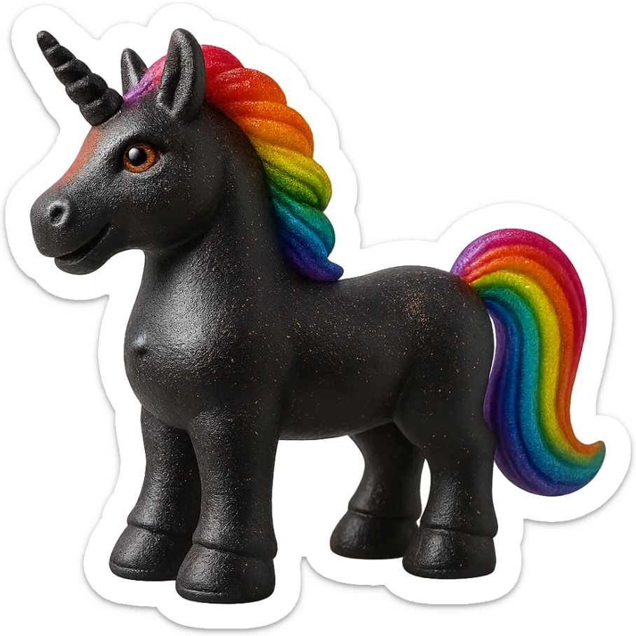 Add a shimmering rainbow mane and tail to the black unicorn-shaped candy in a photorealistic style, keep the background transparent. sticker