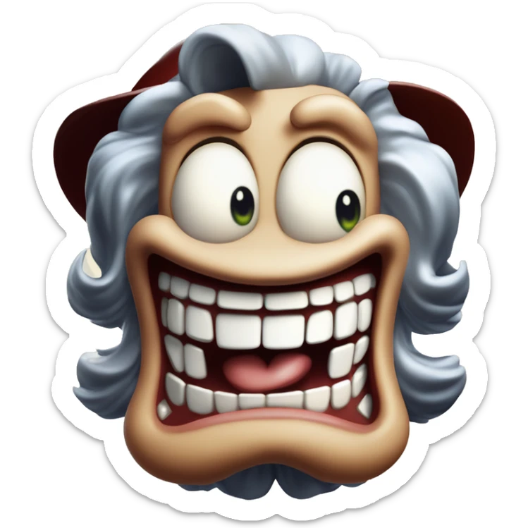 Laughing insane game character in Uncle Scrooge style, oil paint, mysterious eyes, intricate lips, masterpiece pose, odd perspective, beautiful, desirable, logical sticker