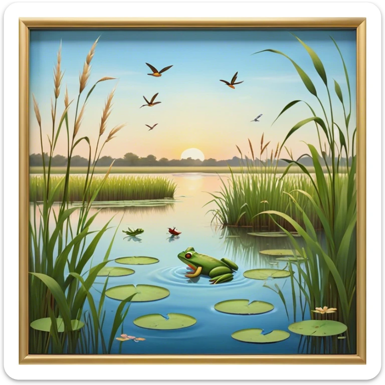 Cinematic Realistic Wetlands Emoji in a wooden frame, Peaceful and serene, with tall grasses swaying in the breeze and soft, muddy waters reflecting the sky above. Small birds and insects flit among the reeds while lily pads float lazily across the surface, punctuated by the occasional croak of a frog or splash of a fish. Soft glowing outline, capturing the essence of a calm, tranquil wetland brimming with life and natural beauty. sticker