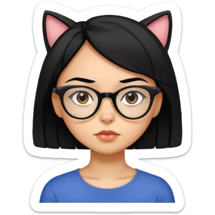 crie emojis de uma garota com cabelo médio um pouco abaixo do ombro e preto, óculos pretos no formato gatinho, boca média, olhos gastando sticker