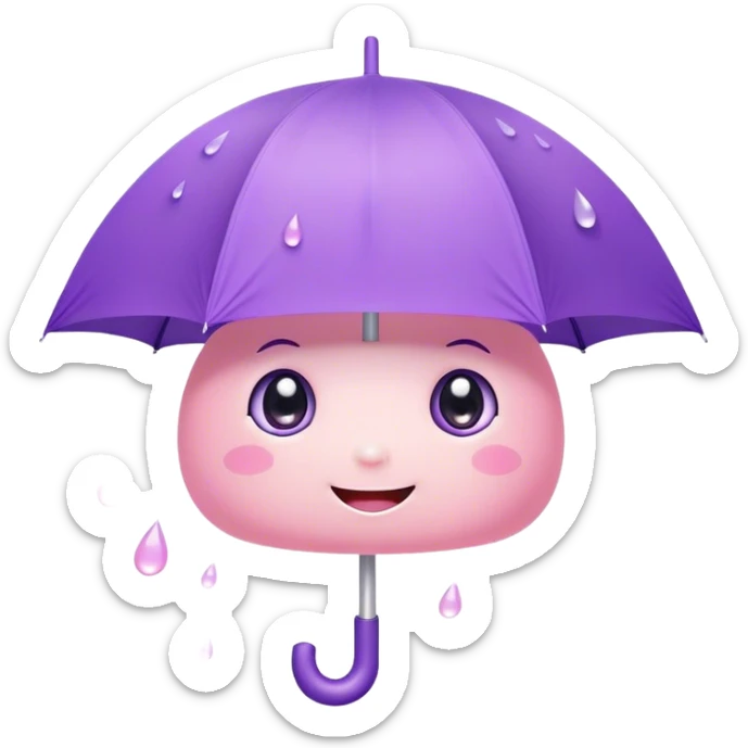 Cute Kawaii Umbrella, small and cute, soft pastel pink and purple, tiny rain droplets smiling down, a chubby round handle, big sparkling eyes full of joy! sticker