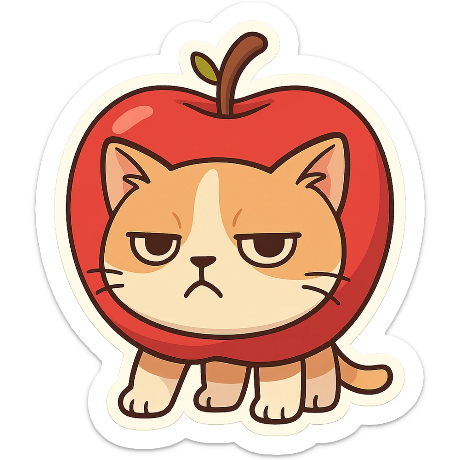 Cat meme, a cat head inside a red apple with mini limbs sticker