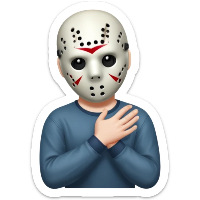 a cartoon image of Jason Voorhees, looking cute, with his hands clasped in front of him, at a sideways angle, looks like he is in love sticker
