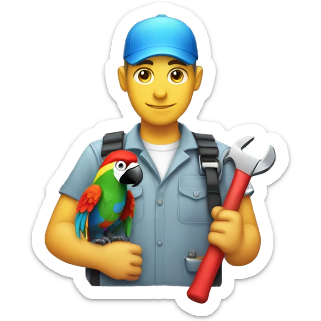 White skinned Engineer carrying a wrench and has a colorful parrot on top of his shoulder sticker