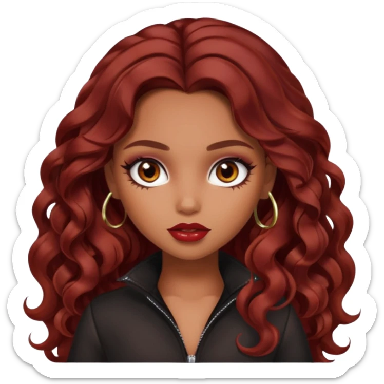 tan skin, girly bratz baddie, beautiful dark brown eyes, pretty makeup, long dark red wavy hair sticker