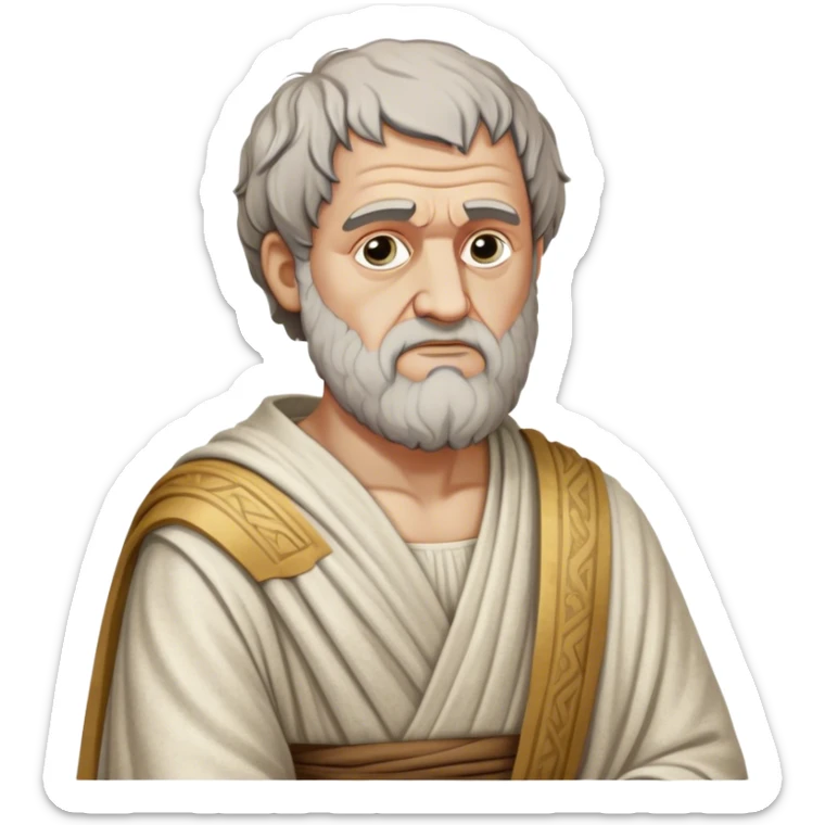 Cinematic Realistic portrait of Aristotle the philosopher, depicted as a wise, contemplative figure in detailed ancient Greek attire, with a textured draped robe and thoughtful expression, bathed in soft classical lighting that highlights his timeless intellect. sticker