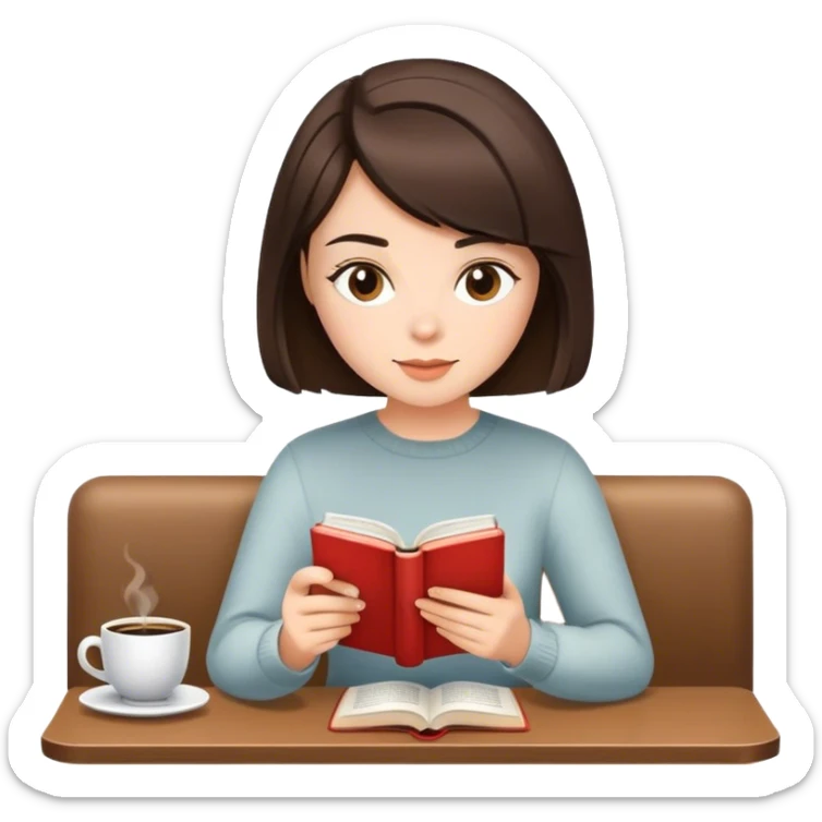 A brunette girl with a bob hairstyle, drinking coffee and reading a book sticker