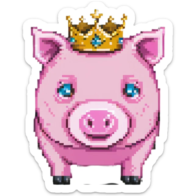minecraft pig full body pink blocky animal with square head wearing a crown sticker