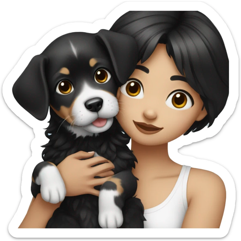 girl with medium black hair holding black and white puppy sticker