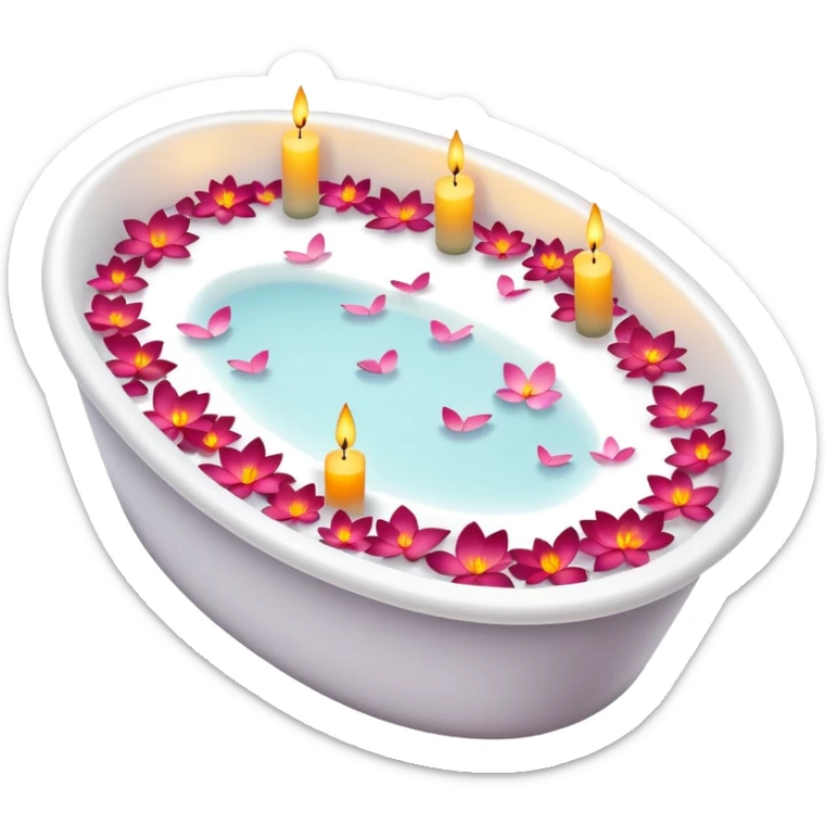 A white bathtub with flower petals and scented candles, romantic lush warm colors sticker