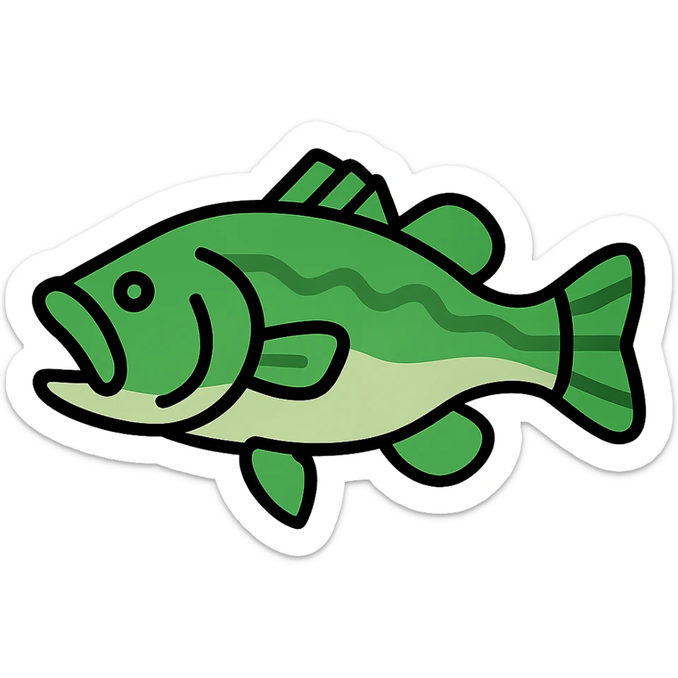 largemouth bass, minimal flat icon, simple shapes, green and white, clean look sticker