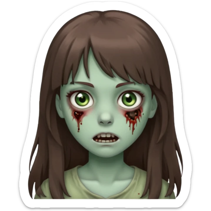 zombie girl with gray-green eyes and long brown hair with bangs sticker