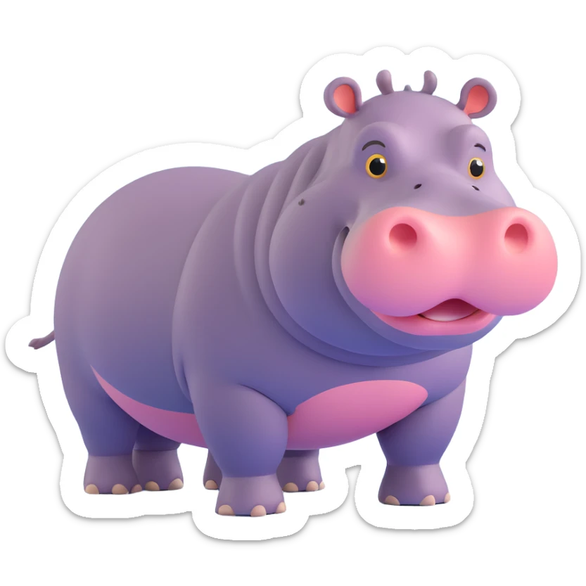 3D emoji style hippo, full body, walking, simple and cute, round features, expressive eyes sticker