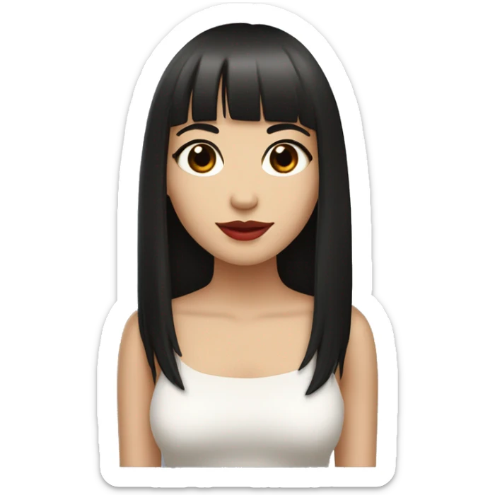pretty girl with long black straight hair reaching below the armpits with bangs. red lips, brown eyes, white skin, almond shaped eyes  sticker