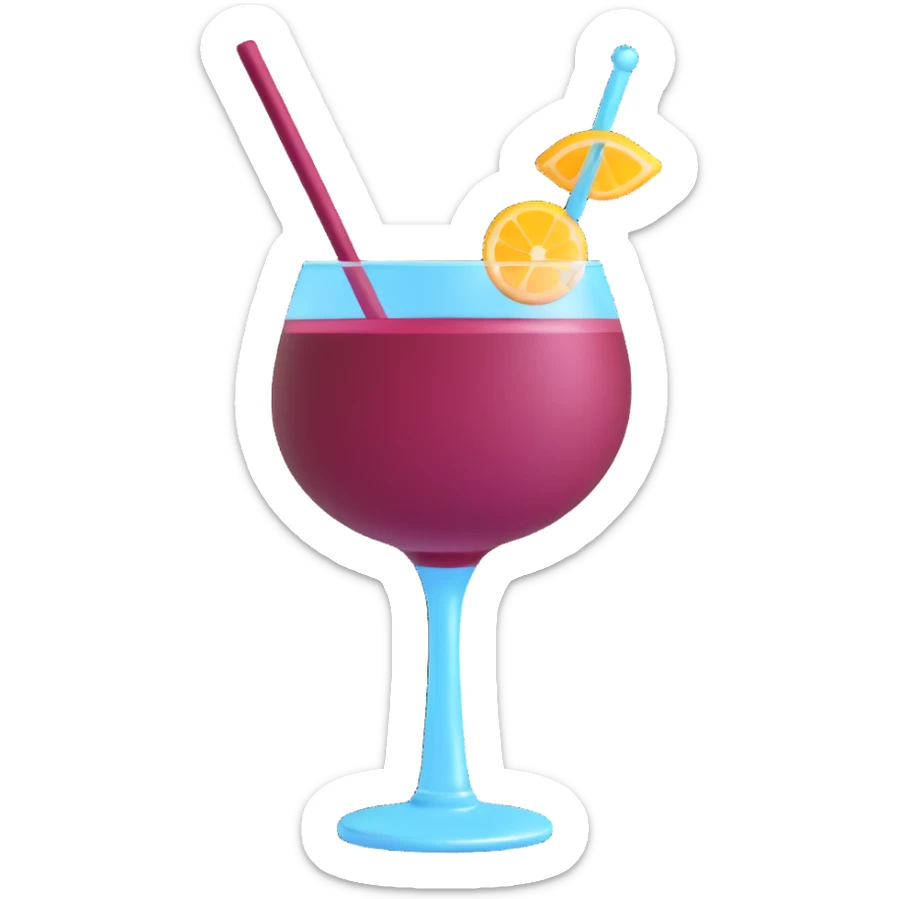 3D emoji style cocktail glass with burgundy drink and a crystal stirrer sticker