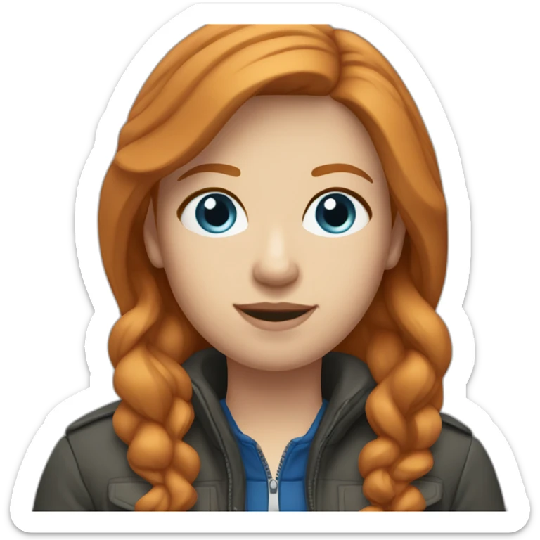 Straight ginger hair and blue eyes woman with a Canadian jacket sticker