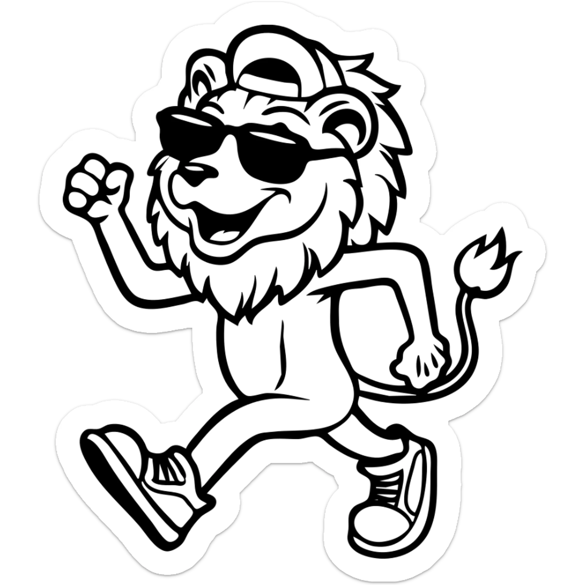 cheerful anthropomorphic lion walking confidently, flexing one arm in a fist-pump, wearing oversized sunglasses, backwards baseball cap, and sneakers, thick black outlines, no color or shading, retro mascot vintage rubber hose cartoon style, highly graphic sticker