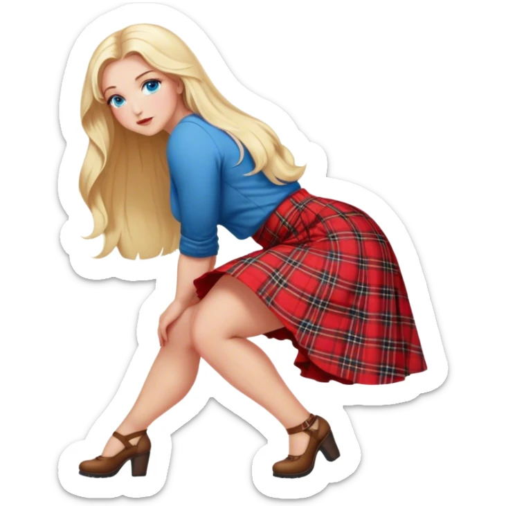 curvy blonde long hair and blue eyes, intimate bending over arched back sfw plaid red skirt pose sticker
