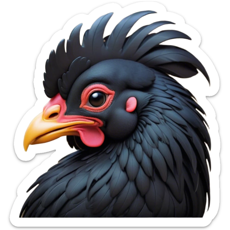 Meme-Worthy Cute Sleeping Black Rooster Portrait Emoji, Head resting peacefully with a contented smile, showcasing a robust build and a luxuriously soft pure black plumage, eyes shut in a serene, restful nap, Simplified yet hilariously adorable features, highly detailed, glowing with a soft, drowsy light, high shine, relaxed and utterly lovable, stylized with an air of playful laziness, bright and heartwarming, soft glowing outline, capturing the essence of a comically sleepy rooster, so meme-worthy it feels like it could instantly become the next viral sensation of adorable slumber! sticker