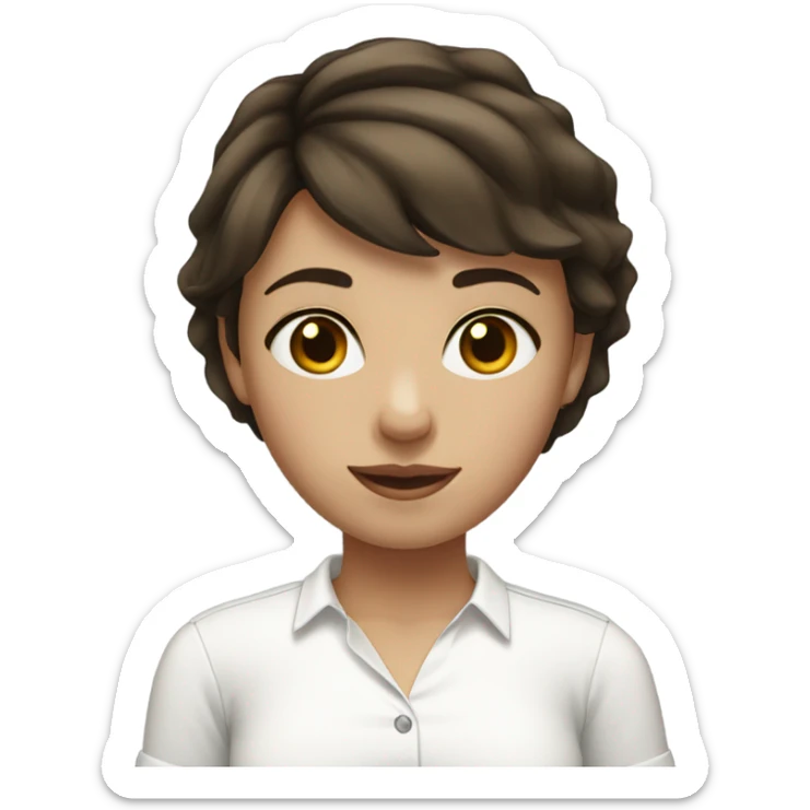 Girl with brunette short hair, black eyes, feminime, white shirt sticker