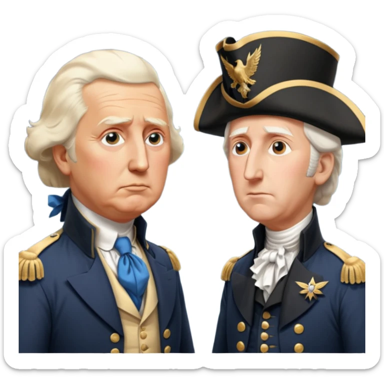 “Donald Trump and George Washington facing each other. Trump in a modern suit, visibly shocked. George Washington in colonial uniform, calm and silent. Realistic style, cinematic lighting.” sticker
