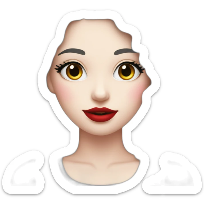 A white woman with long curly dark n and long eyelashes, black eyes, pink cheeks and red lips holds on a black & white border collir sticker