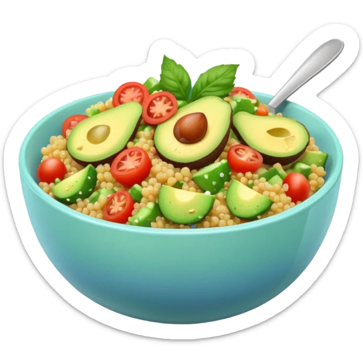 Bowl of quinoa salad with avocado, tomato, and cucumber, pastel backdrop sticker