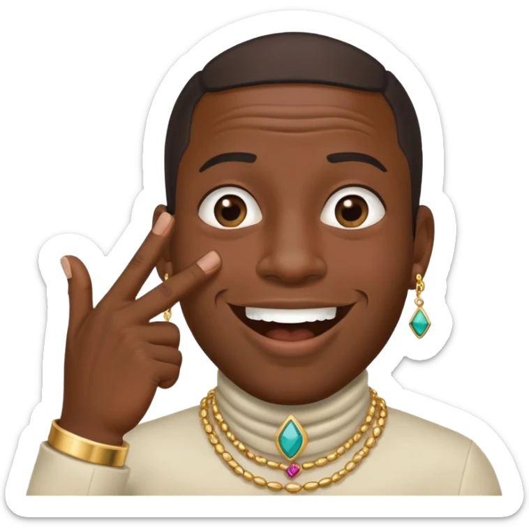 Giggling black man with jewelry covering his mouth with his right hand with one thumb and four fingers only sticker