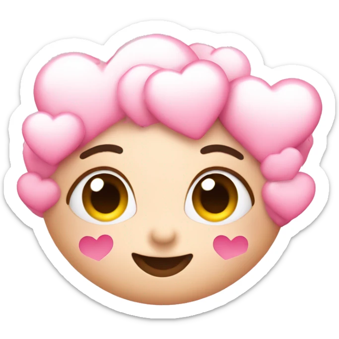 Normal face emoji with pink heart eyes and hearts also pink all around it with clouds  sticker