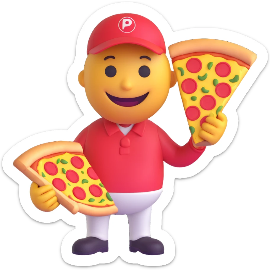 3D smiley emoji, round shape, pizza delivery person with a funny face, holding a pizza slice, transparent background sticker