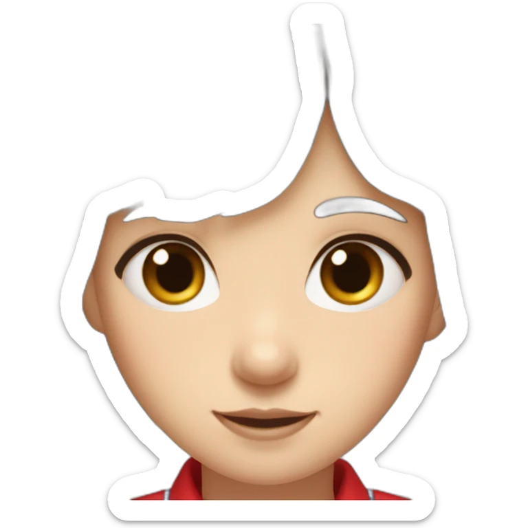 girl with long dark brown hair, thick bangs, blue eyes, red school uniform sticker