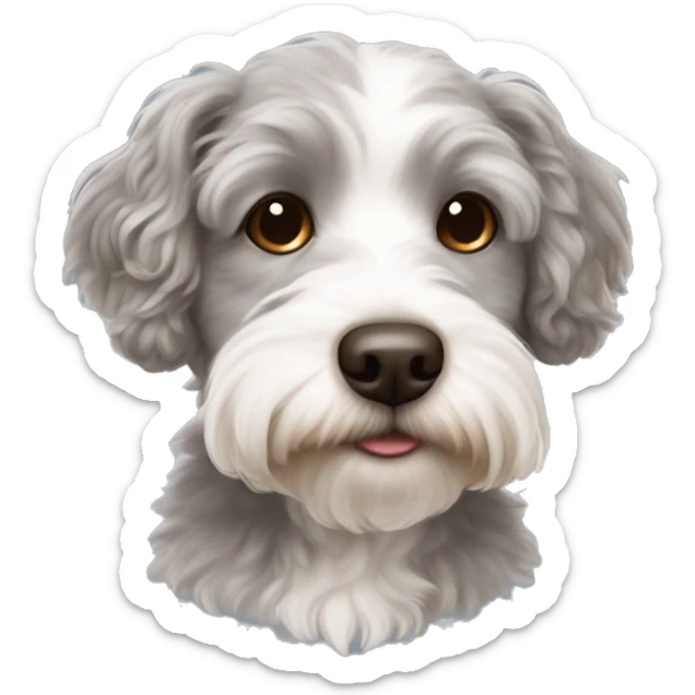 Cute grey and white Havapoo with a lot of brown hair around the nose sticker