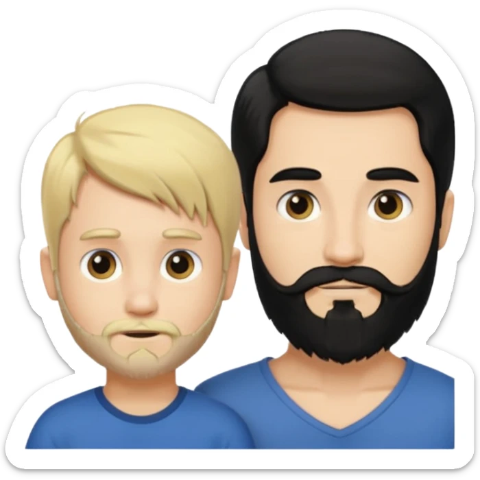 Man with long black hair tied in a tail and beard with a young boy blond short-haired without a beard sticker
