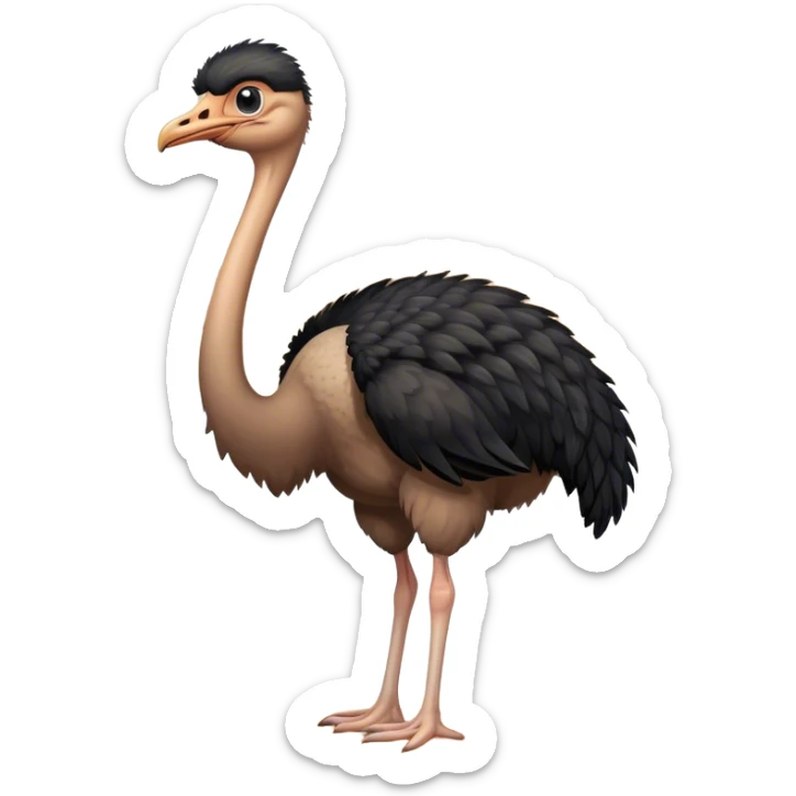 An adult ostrich standing in the desert, with black feathers. beak open. sticker