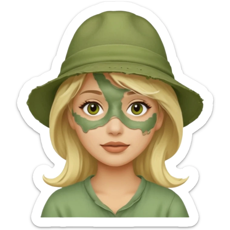 messy green full face clay mask and tourist hat blond woman  sticker