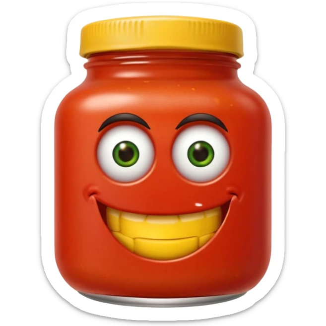 Un tarro de salsa de tomate y un tarro de salsa de mostaza al uno al lado del otro, los dos tarros con ojos sticker